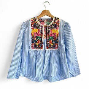 ROUSS BLUE WHITE STRIPED EMBROIDERED STRUCTURED CARDIGAN TOP BLOUSE WOMENS SIZE
